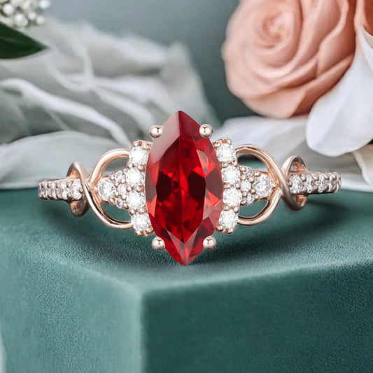 Art Deco Ruby Ring Unique Vintage Marquise Shape Scarlet Ruby Engagement Ring Wedding Promise Ring For Women Gemstone Bridal Ring