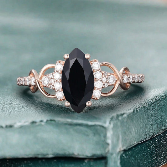 Art Deco Black Onyx Ring Unique Vintage Marquise Shape Black Onyx Engagement Ring Wedding Promise Ring For Women Gemstone Bridal Ring