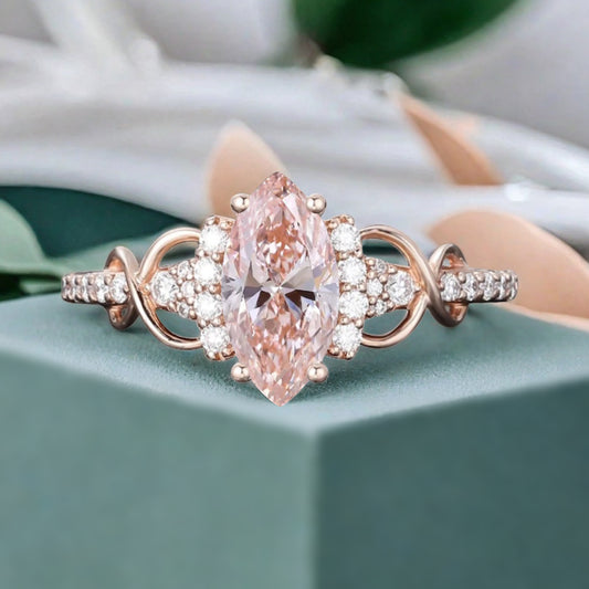 Art Deco Pink Sapphire Ring Unique Vintage Marquise Shape Pink Sapphire Engagement Ring Wedding Promise Ring For Women Gemstone Bridal Ring