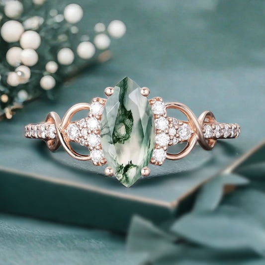 Art Deco Moss Agate Ring Unique Vintage Marquise Shape Green Moss Agate Engagement Ring Wedding Promise Ring For Women Gemstone Bridal Ring
