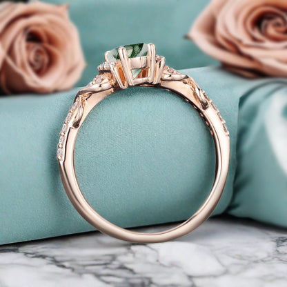 Art Deco Moss Agate Ring Unique Vintage Marquise Shape Green Moss Agate Engagement Ring Wedding Promise Ring For Women Gemstone Bridal Ring