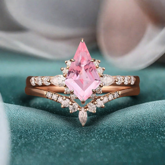 Unique Kite Cut Pink Sapphire Engagement Ring Set Vintage Solid Gold Diamond Ring Set Women Bridal Promise Wedding Ring Set Anniversary Gift