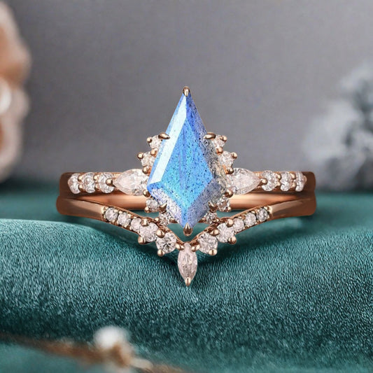 Unique Kite Cut Labradorite Engagement Ring Set Vintage Solid Gold Diamond Ring Set Women Bridal Promise Wedding Ring Set Anniversary Gift