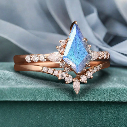 Unique Kite Cut Labradorite Engagement Ring Set Vintage Solid Gold Diamond Ring Set Women Bridal Promise Wedding Ring Set Anniversary Gift