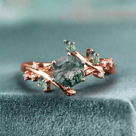 Hexagon Cut Green Moss Agate Engagement Ring Solid 14k Rose Gold Branch Leaf Twig Moissanite Ring Vintage Marquise Cut Natural Ring Women Jewelry