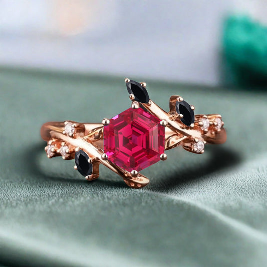 Hexagon Cut Red Ruby Engagement Ring Solid 14k Rose Gold Branch Leaf Twig Moissanite Ring Vintage Marquise Cut Natural Ring Women Jewelry