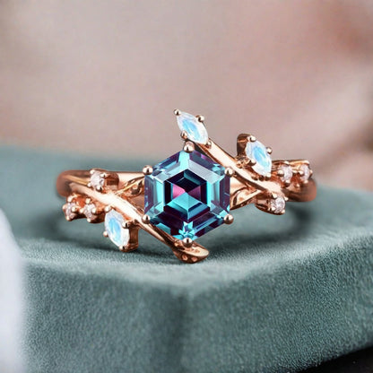 Hexagon Cut Blue Alexandrite Engagement Ring Solid 14k Rose Gold Branch Leaf Twig Moissanite Ring Vintage Marquise Cut Natural Ring Women Jewelry