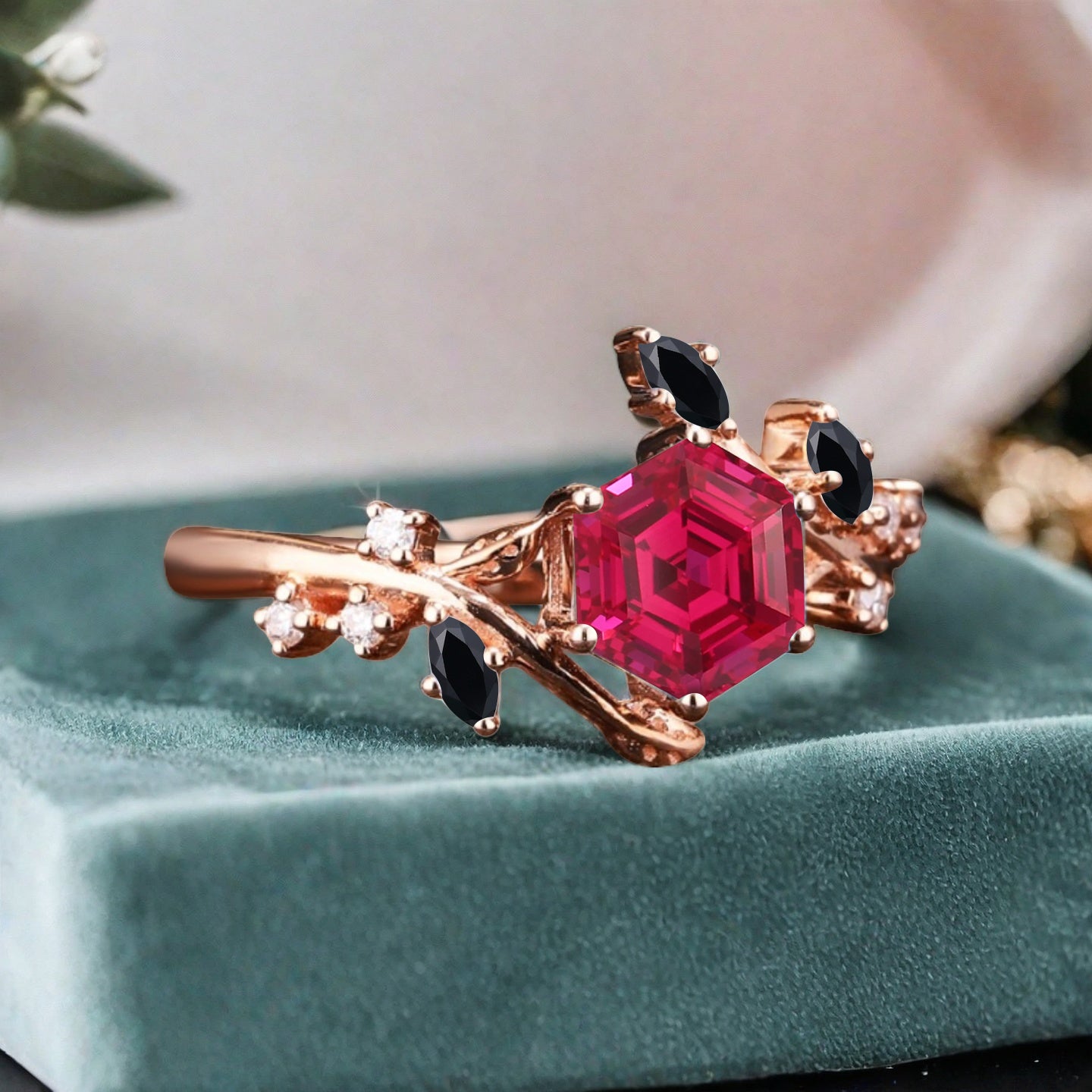 Hexagon Cut Red Ruby Engagement Ring Solid 14k Rose Gold Branch Leaf Twig Moissanite Ring Vintage Marquise Cut Natural Ring Women Jewelry