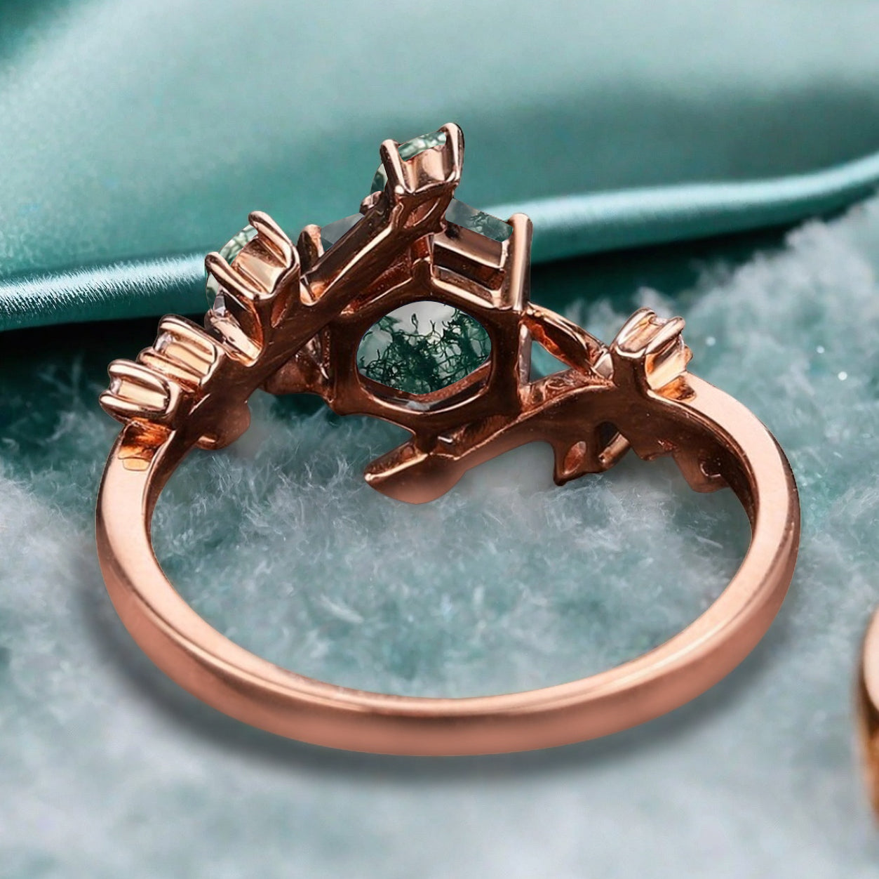 Hexagon Cut Green Moss Agate Engagement Ring Solid 14k Rose Gold Branch Leaf Twig Moissanite Ring Vintage Marquise Cut Natural Ring Women Jewelry