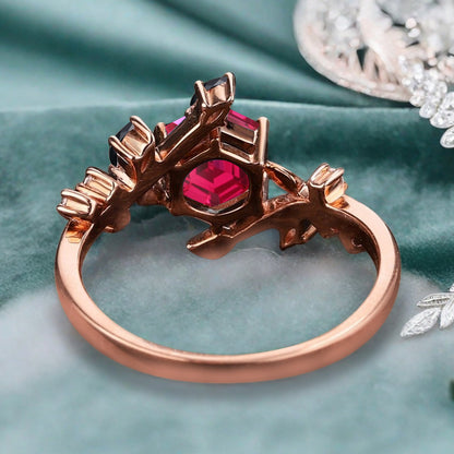 Hexagon Cut Red Ruby Engagement Ring Solid 14k Rose Gold Branch Leaf Twig Moissanite Ring Vintage Marquise Cut Natural Ring Women Jewelry