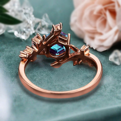 Hexagon Cut Blue Alexandrite Engagement Ring Solid 14k Rose Gold Branch Leaf Twig Moissanite Ring Vintage Marquise Cut Natural Ring Women Jewelry