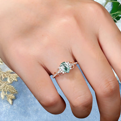 Vintage Moss Agate Ring Unique Pear Cut Engagement Moissanite Cluster Wedding Promise Ring For Women Delicate Gemstone Ring