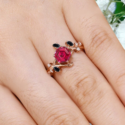 Hexagon Cut Red Ruby Engagement Ring Solid 14k Rose Gold Branch Leaf Twig Moissanite Ring Vintage Marquise Cut Natural Ring Women Jewelry