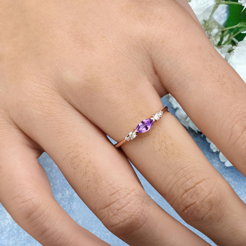 Marquise cut Amethyst wedding band Unique 10k Rose gold wedding band Anniversary promise band