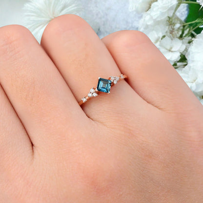 Princess cut Aquamarine ring 925 sterling silver ring 4 prong stones Simulated Moissanite anniversary gift