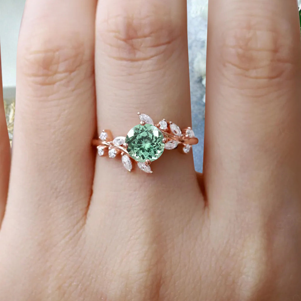 Art Deco Nature Tsavorite Engagement Ring Vintage Round Cut Tsavorite Cluster Promise Ring Green Gemstone Bridal Leaf Ring Custom Jewelry