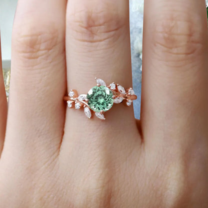 Art Deco Nature Tsavorite Engagement Ring Vintage Round Cut Tsavorite Cluster Promise Ring Green Gemstone Bridal Leaf Ring Custom Jewelry