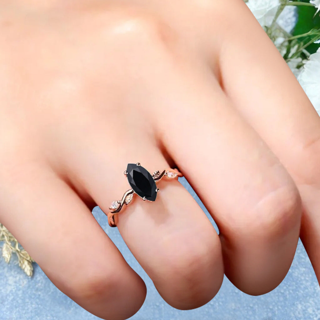Marquise Black Onyx Engagement Ring Moissanite Cluster Promise Ring Rose Gold Art Deco Black Onyx Leaf Design Ring Anniversary Gift