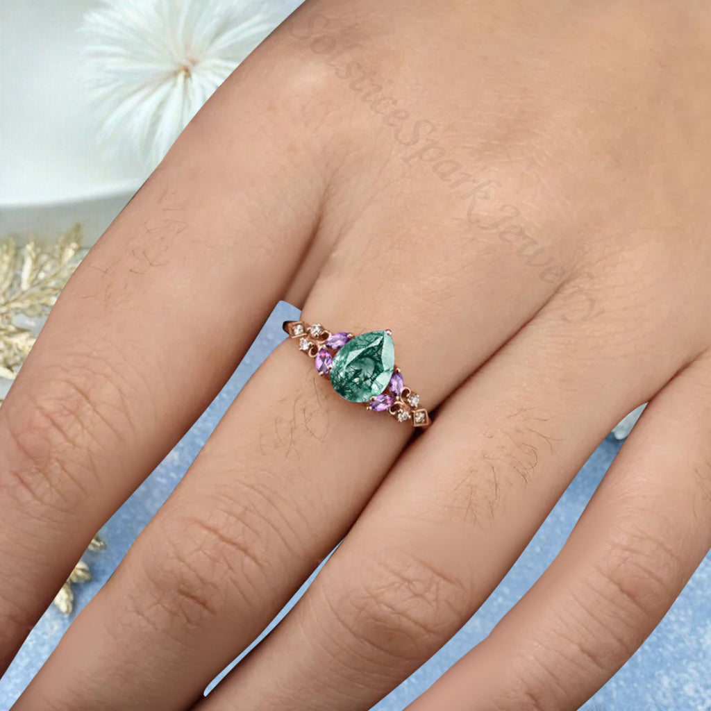Vintage Pear Moss Agate Engagement Ring Unique Amethyst Sidestones Pear Shape Gemstone Promise Ring Ver.2