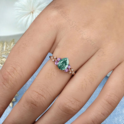 Vintage Pear Moss Agate Engagement Ring Unique Amethyst Sidestones Pear Shape Gemstone Promise Ring Ver.2