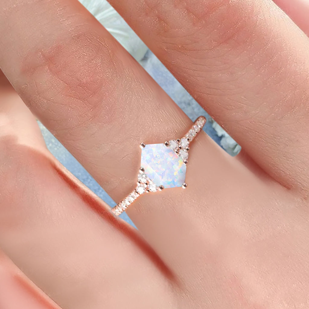 Vintage Unique Opal Engagement Ring Solid 14K Gold White Opal Ring July Birthstone Ring Delicate Opal Gemstone Ring Handmade Bridal Jewelry