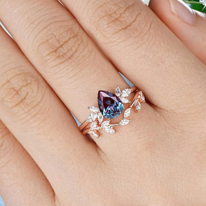 Vintage Pear Shape Alexandrite Enhancer Ring Set Unique Moissanite Gemstone Promise Bridal Ring Set