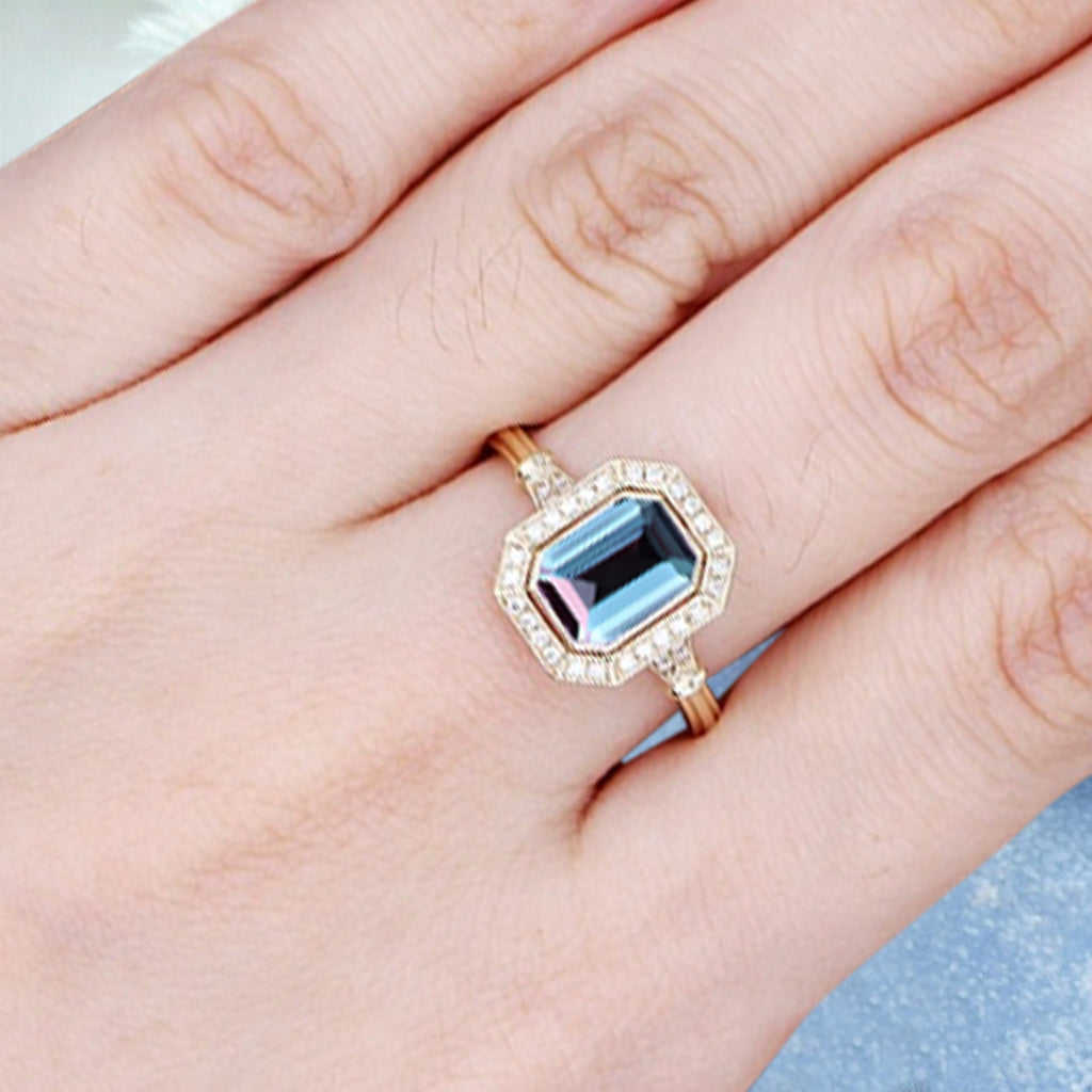 Vintage Aquamarine Emerald Cut Ring Art Deco Aquamarine Engagement Rings July Birthstone Ring Handmade Octagon Gemstone Statement Ring Personalized Jewelry Gift For Her