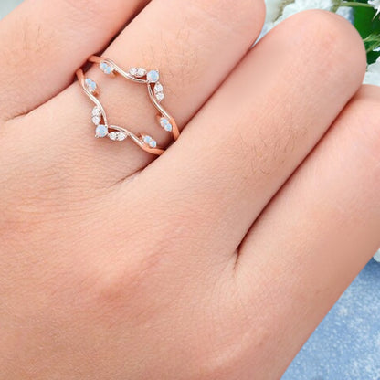 Opal Ring Enhancer Rose Gold Opal Curved Wedding Ring Double Curved Moissanite Wedding Band Anniversary Gift For Her
