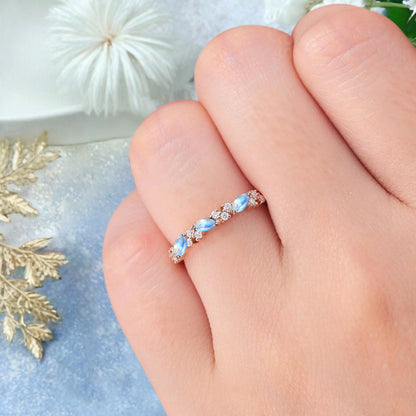 Marquise cut Moonstone wedding band Vintage Rose gold wedding band Half eternity Moonstone Wedding band Bridal Matching Stackable band
