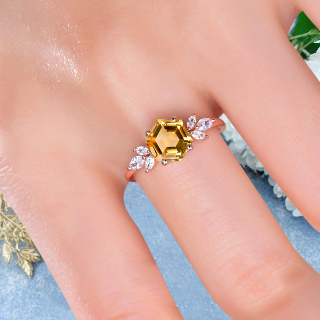 Vintage Yellow Agate Wedding Ring Hexagon Cut Citrine Engagement Ring Unique Bridal Ring Art Deco Citrine Ring Anniversary Gift Ring