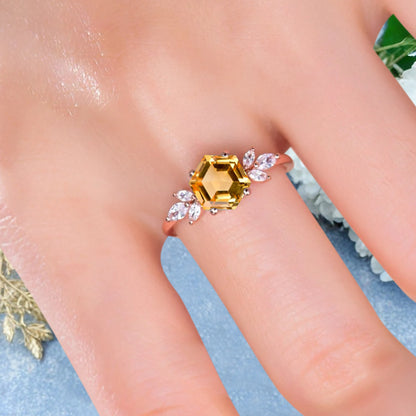 Vintage Yellow Agate Wedding Ring Hexagon Cut Citrine Engagement Ring Unique Bridal Ring Art Deco Citrine Ring Anniversary Gift Ring