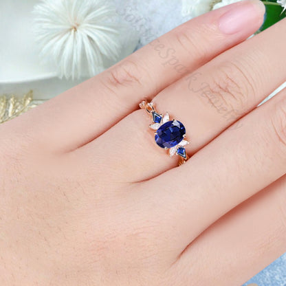 Bague de fiançailles vintage ovale en pierre de lune, bague de promesse unique en opale et moissanite