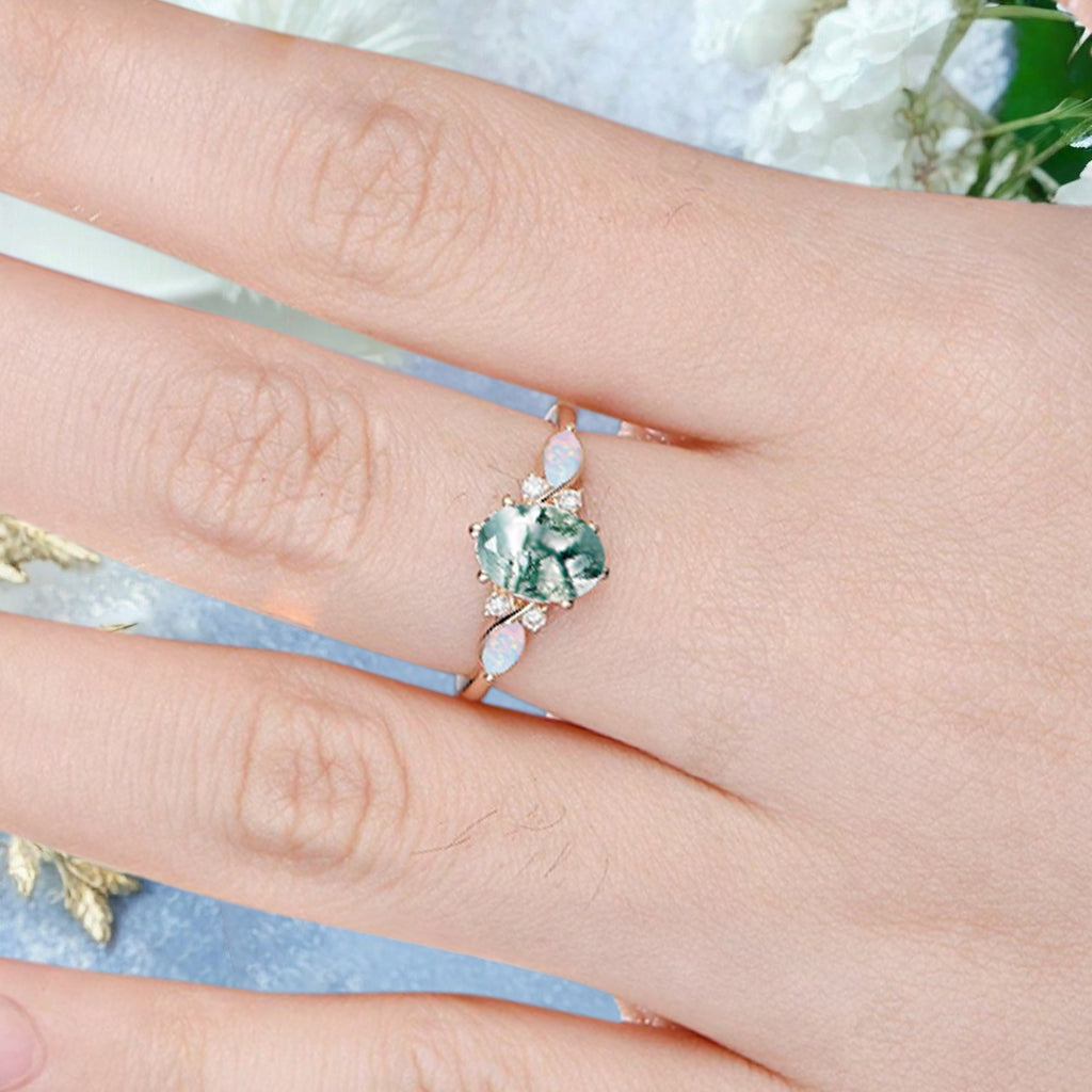Vintage Oval Moss Agate Engagement Ring Oval Opal Promise Ring