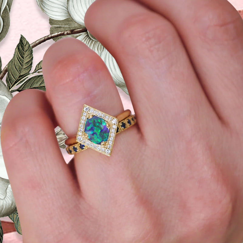 Vintage Black Opal Wedding Ring Unique Oval Shape Black Opal Engagement Ring Antique Moissanite Bridal Ring Promise Ring Anniversary Gift Ring