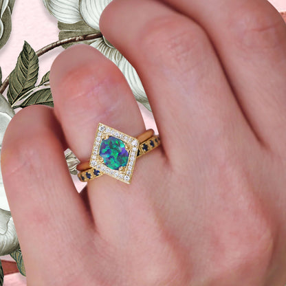 Vintage Black Opal Wedding Ring Unique Oval Shape Black Opal Engagement Ring Antique Moissanite Bridal Ring Promise Ring Anniversary Gift Ring