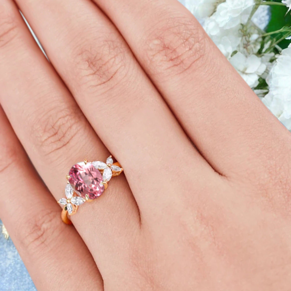 Vintage Oval Pink Sapphire Engagement Ring Unique Oval Pink Sapphire Moissanite Sidestones Promise Ring