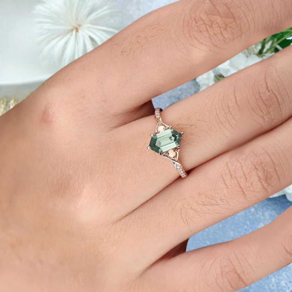 Hexagon cut tsavorite engagement ring vintage unique tsavorite moissanite ring twisted band wedding ring women bridal anniversary gift
