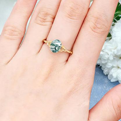 Oval Moss Agate Engagement Ring Vintage Rose Gold Green Agate Ring Women Moissanite Twisted Hollow Wedding Ring Bridal Promise Ring