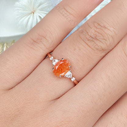 Vintage Oval Shape Sunstone Engagement Ring Set Unique Sunstone Promise Bridal Ring