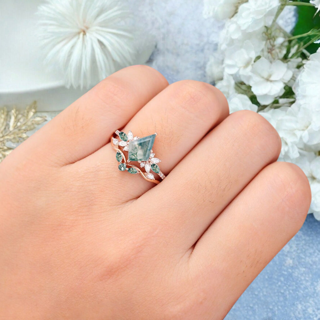 Vintage Kite Shape Moss Agate Engagement Ring Set Unique Moissanite Gemstone Promise Bridal Ring Set Anniversary Gift