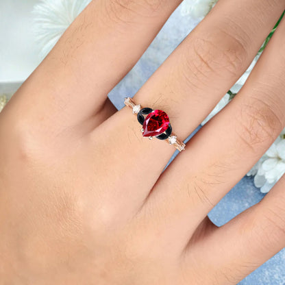 Vintage Pear Ruby Engagement Ring Unique Black Onyx Sidestones Pear Shape Gemstone Promise Ring Ver.2