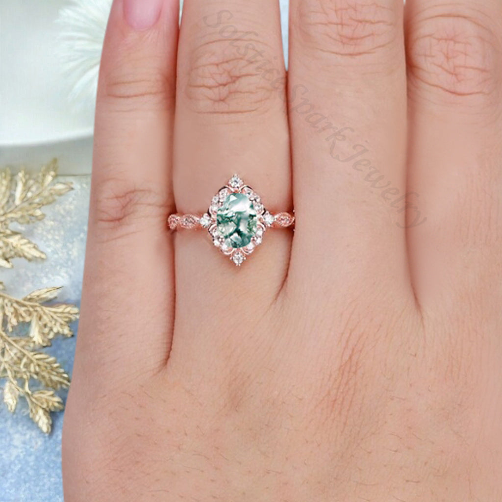 Art Deco Moss Agate Ring Solid 14K Gold Engagement Ring Green White Moss Agate Gemstone Bridal Ring Unique Moss Agate Ring Delicate Jewelry Gift