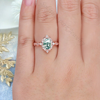 Art Deco Moss Agate Ring Solid 14K Gold Engagement Ring Green White Moss Agate Gemstone Bridal Ring Unique Moss Agate Ring Delicate Jewelry Gift