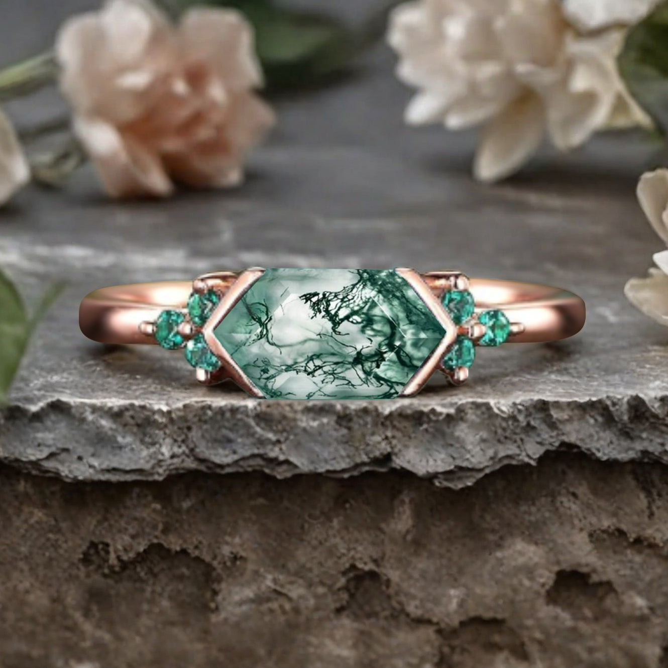 Vintage Moss Agate Hexagon Engagement Ring Cluster Emerald Ring Bezel Setting Ring 14K Yellow Gold Ring Promise Ring Gift