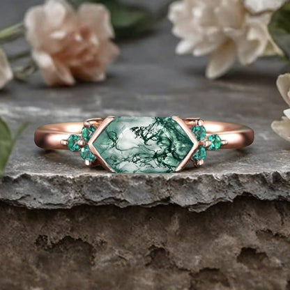 Vintage Moss Agate Hexagon Engagement Ring Cluster Emerald Ring Bezel Setting Ring 14K Yellow Gold Ring Promise Ring Gift