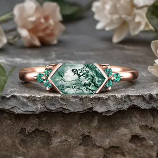 Vintage Moss Agate Hexagon Engagement Ring Cluster Emerald Ring Bezel Setting Ring 14K Yellow Gold Ring Promise Ring Gift