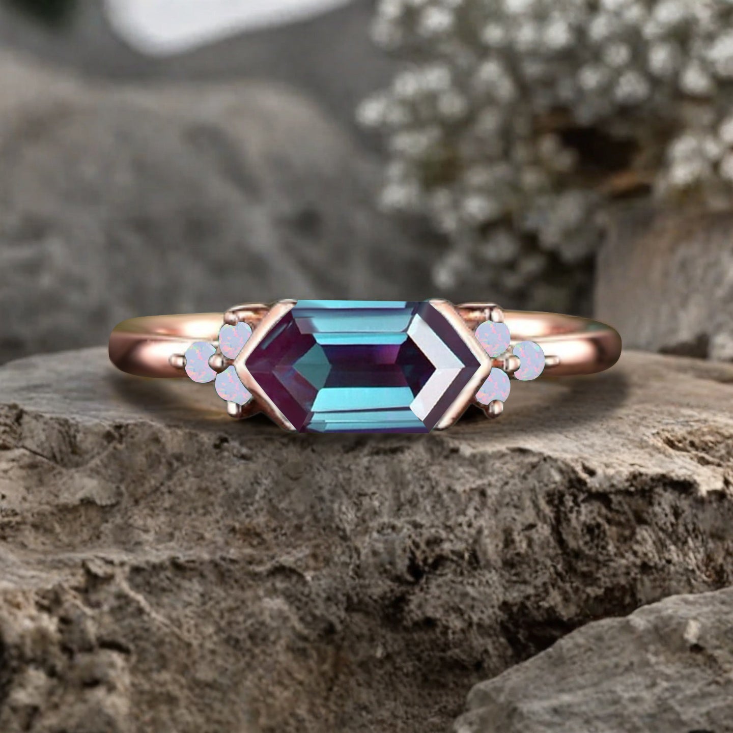 Vintage Alexandrite Hexagon Engagement Ring Cluster Opal Ring Bezel Setting Ring 14K Yellow Gold Ring Promise Ring Gift