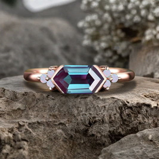 Vintage Alexandrite Hexagon Engagement Ring Cluster Opal Ring Bezel Setting Ring 14K Yellow Gold Ring Promise Ring Gift