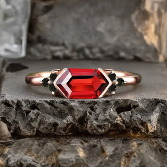 Vintage Ruby Hexagon Engagement Ring Cluster Black Onyx Ring Bezel Setting Ring 14K Yellow Gold Ring Promise Ring Gift