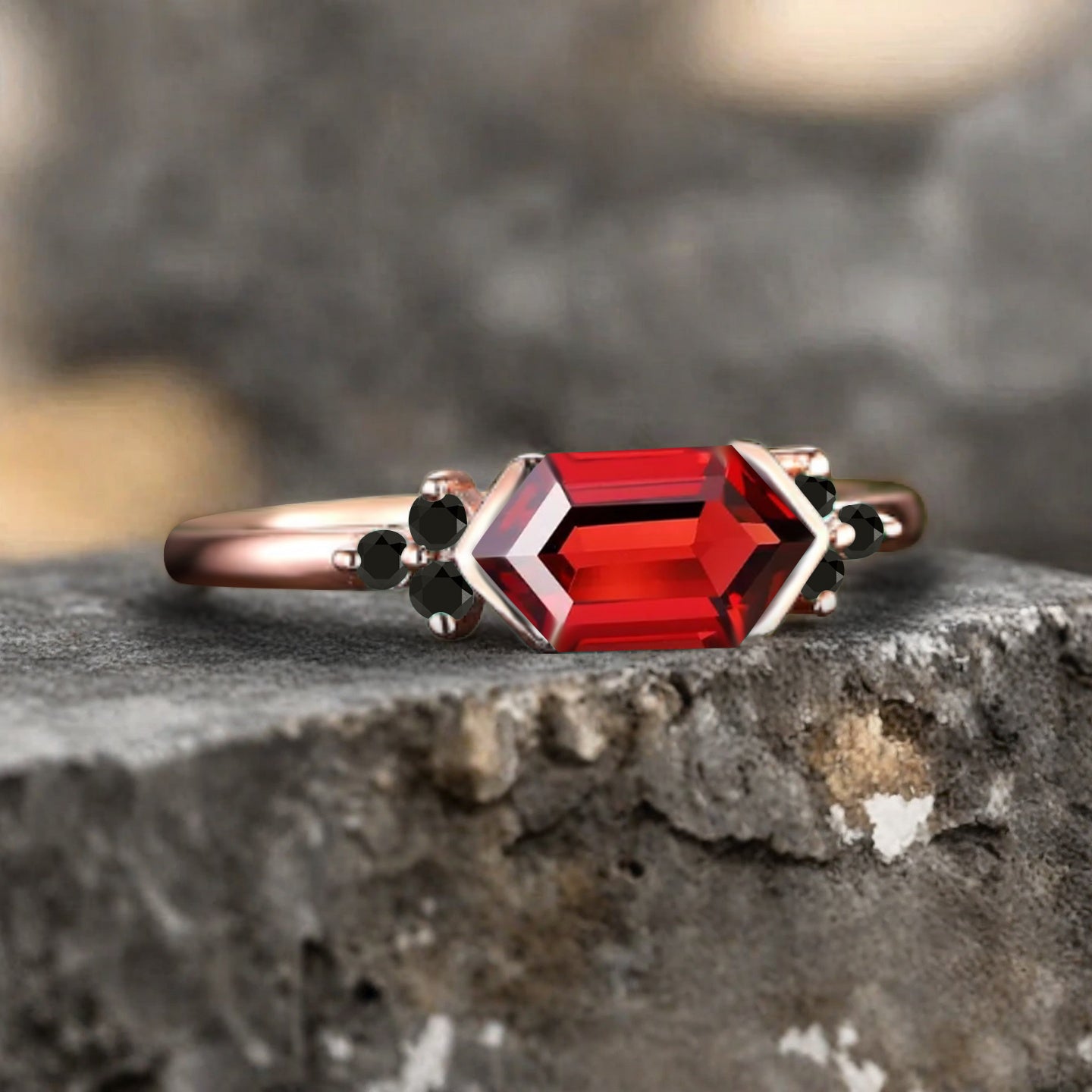 Vintage Ruby Hexagon Engagement Ring Cluster Black Onyx Ring Bezel Setting Ring 14K Yellow Gold Ring Promise Ring Gift